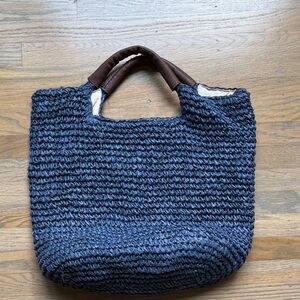 Soft Surroundings Navy Woven
Straw Tote Bag Beach Linen Lining